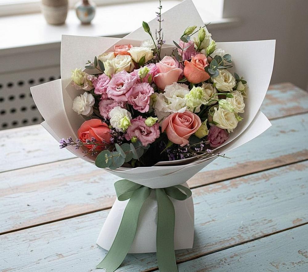 Букет цветов из: Розы, Лизиантусы и Гвоздики в Сенгилее